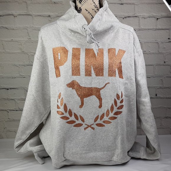 VICTORIA'S SECRET 'PINK' FLEECE  ROSE~GOLD LOGO COWL-NECK  SWEATSHIRT - Picture 14 of 14